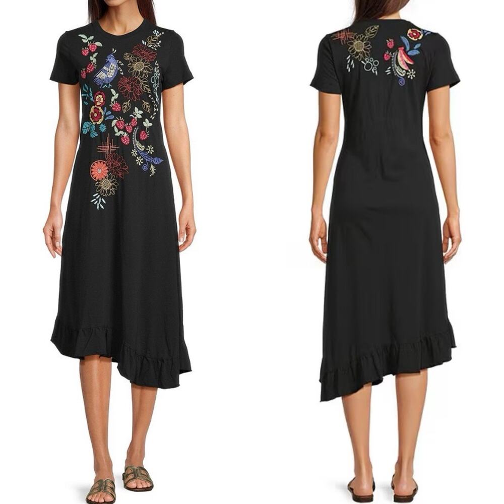 Johnny Was NWT Embroidered Cora Asymmetric Ruffle Flounce Dress Sz S Midi Boho